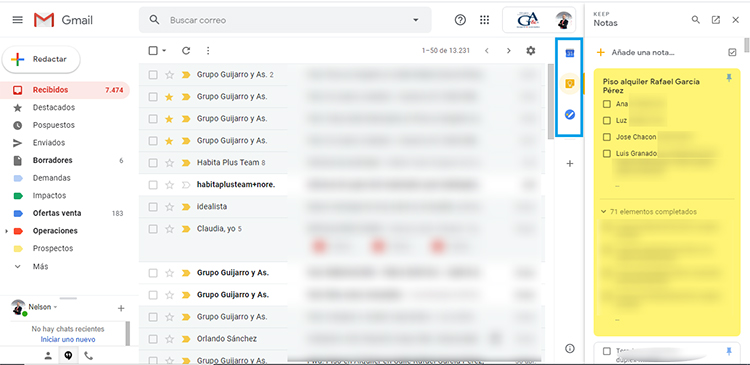 Vista de Gmail con herramientas para gestión de equipos.
