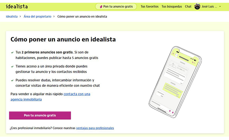 Vista de la sección Pon tu anuncio gratis de Idealista.