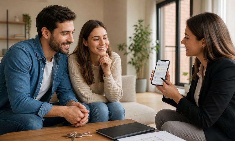 Clientes valorando el servicio de una agencia inmobiliaria después de la entrega de llaves